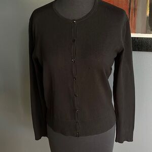 SILKS black stretch soft silk/nylon blend crew neck button front cardigan. Med